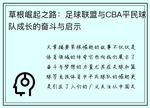 草根崛起之路：足球联盟与CBA平民球队成长的奋斗与启示